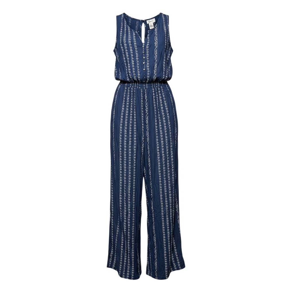 Jopra Navy Blue Tribal Stripe Wide Leg Smocked Waist Jumpsuit Womens Small
